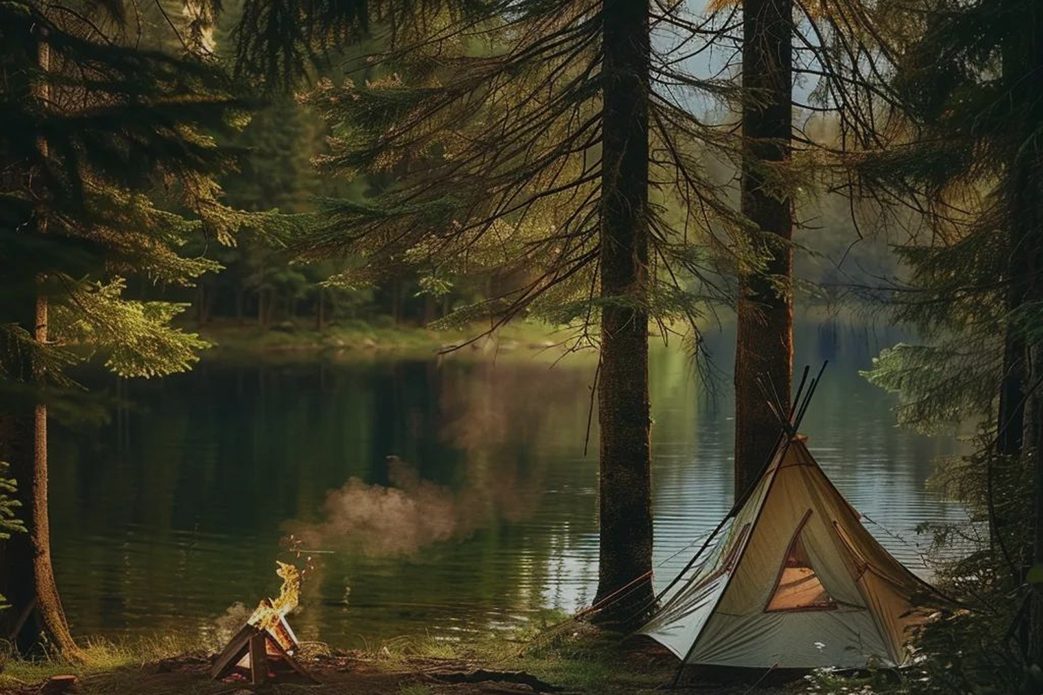 Tent at the forest edge beside calm water